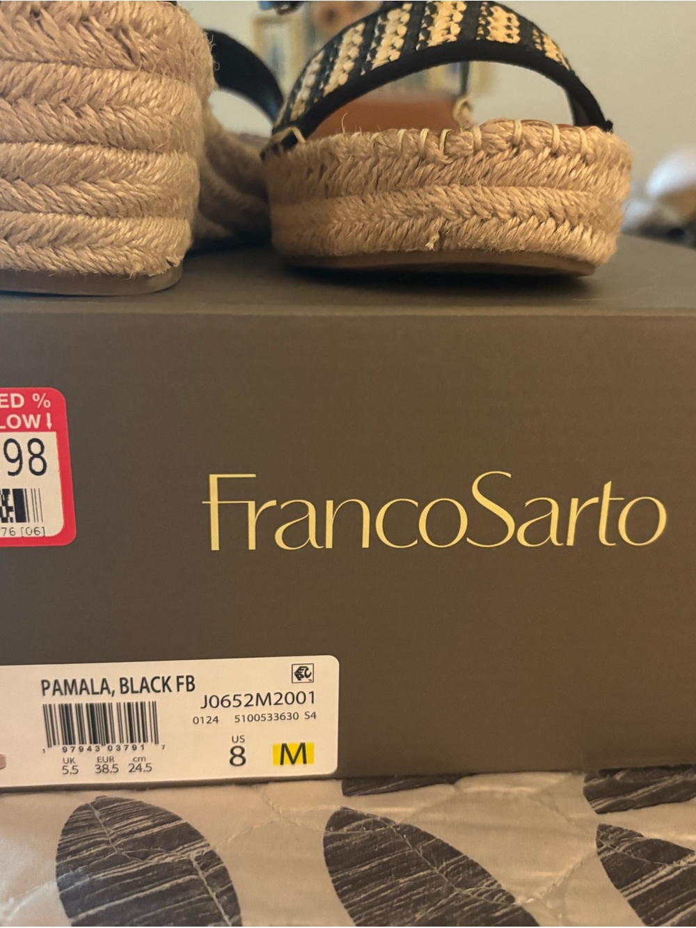 Franco Sarto Black and Natural Braided Espadrille Wedge Sandals - Picture 3 of 4